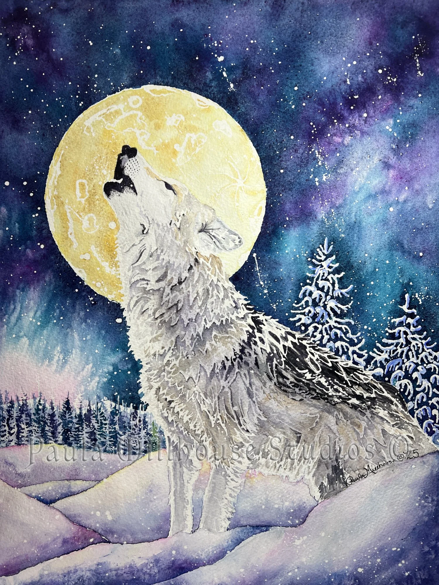 水彩画　「Polar Moon」 December's Cold Moon - Polar Bear watercolor by Paula Millhouse